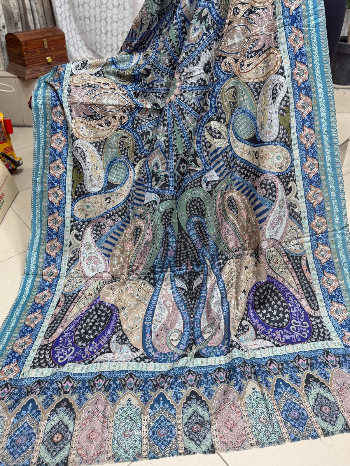 Qalamkar Shawl on Toosh Base | Made in Kashmir Multicolor Floral Design | Q103