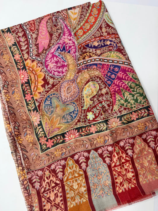 Qalamkar Shawl on Toosh Base | Made in Kashmir Multicolor Floral Design | Q105