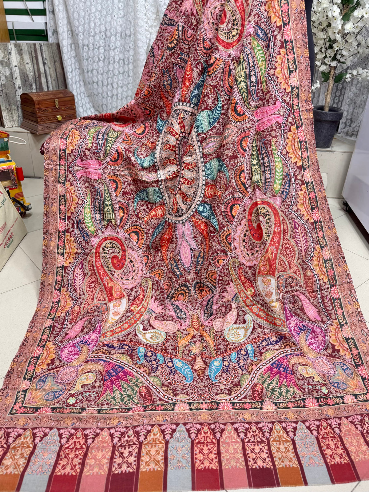 Qalamkar Shawl on Toosh Base | Made in Kashmir Multicolor Floral Design | Q105