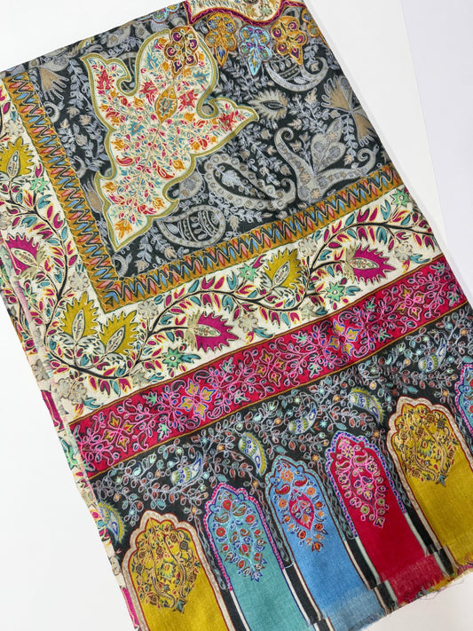 Qalamkar Shawl on Toosh Base | Made in Kashmir Multicolor Floral Design | Q108