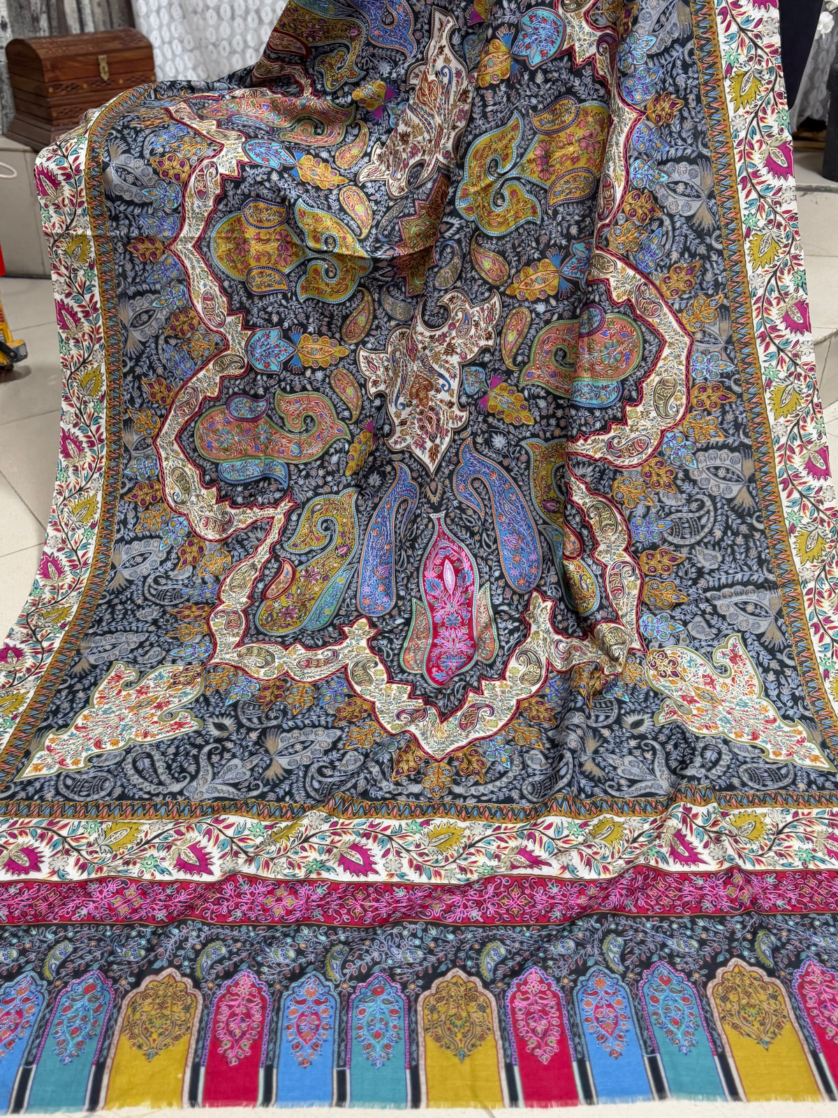 Qalamkar Shawl on Toosh Base | Made in Kashmir Multicolor Floral Design | Q108