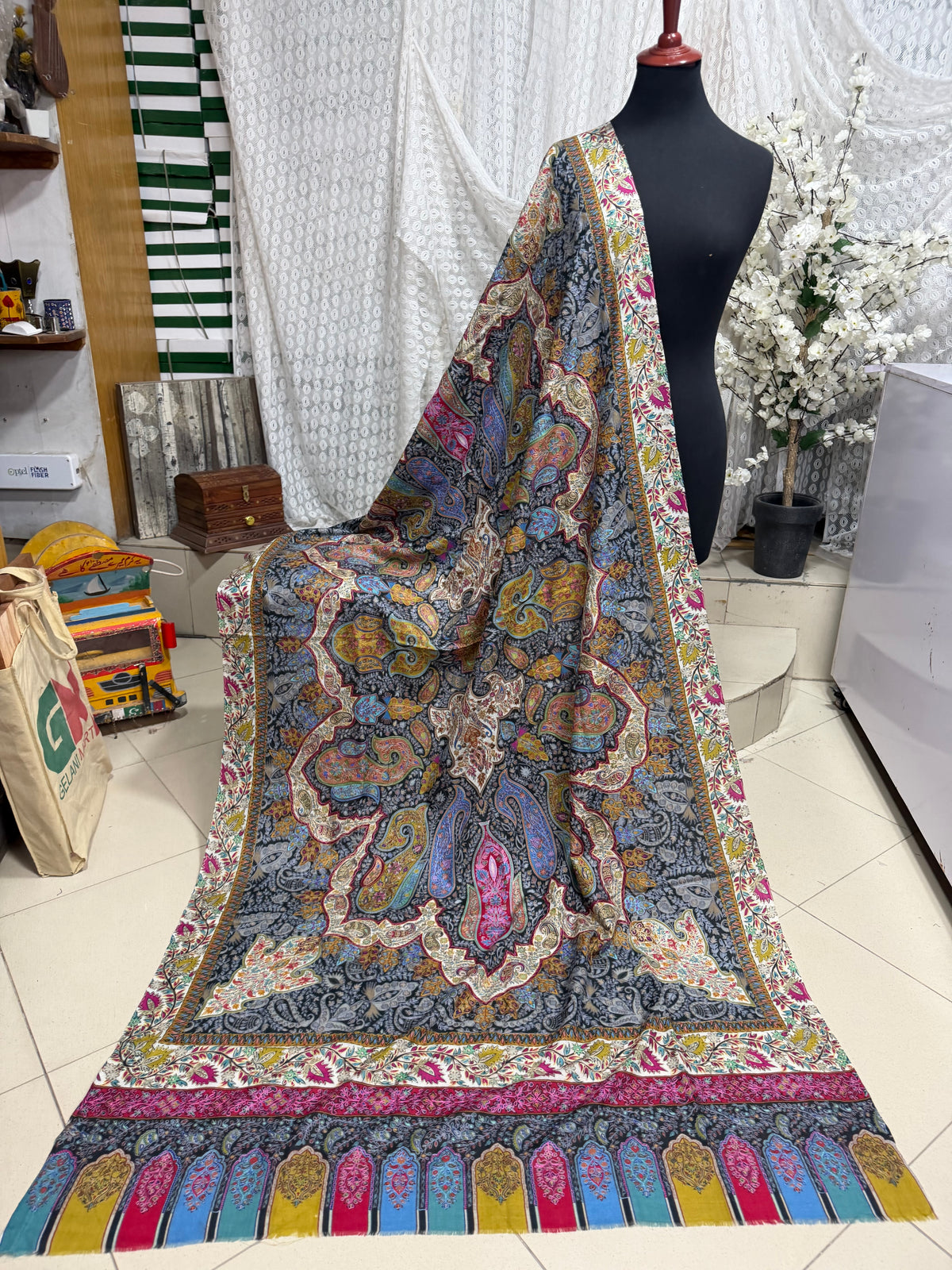 Qalamkar Shawl on Toosh Base | Made in Kashmir Multicolor Floral Design | Q108