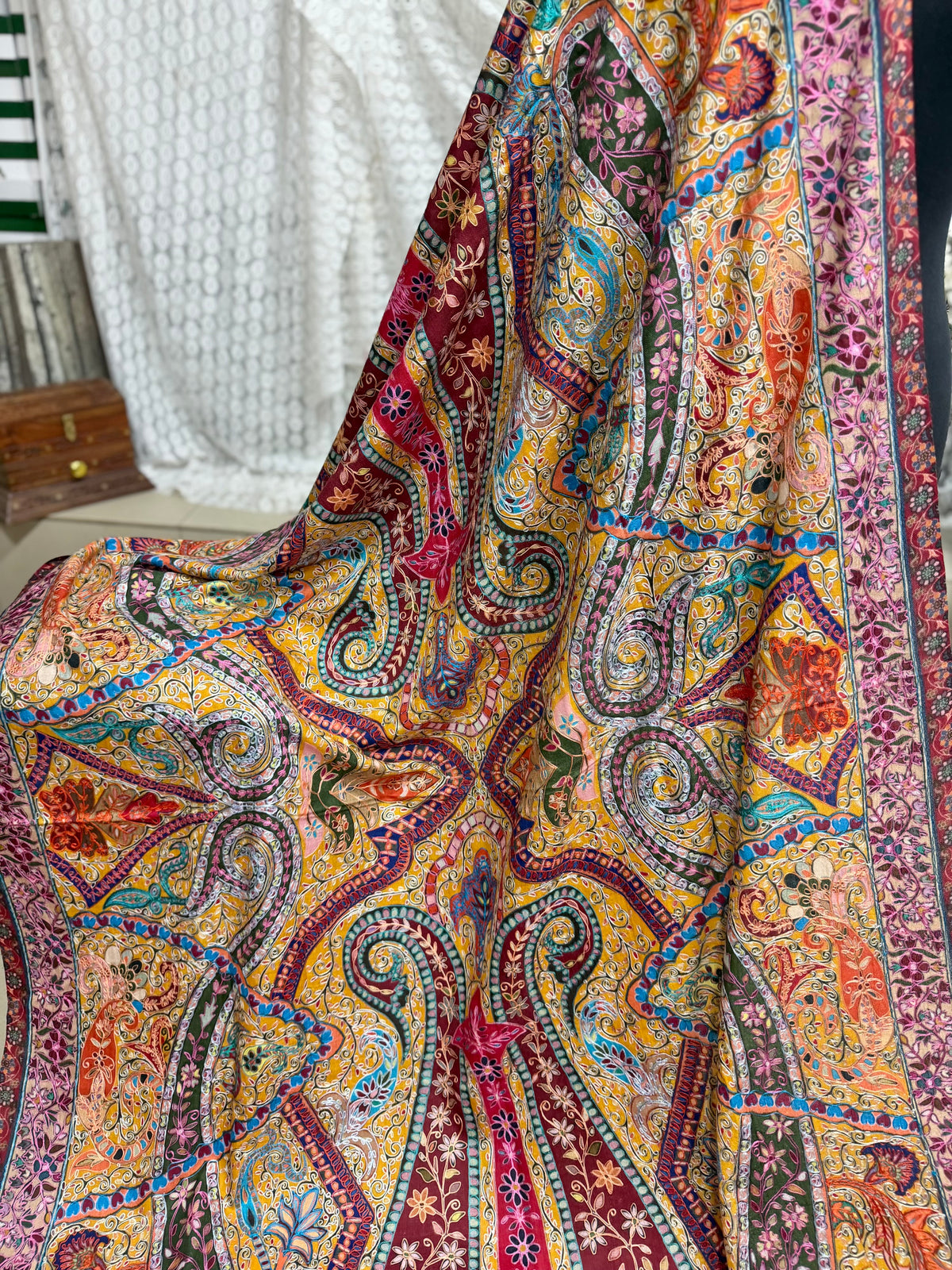 Qalamkar Shawl on Toosh Base | Made in Kashmir Multicolor Floral Design | Q109