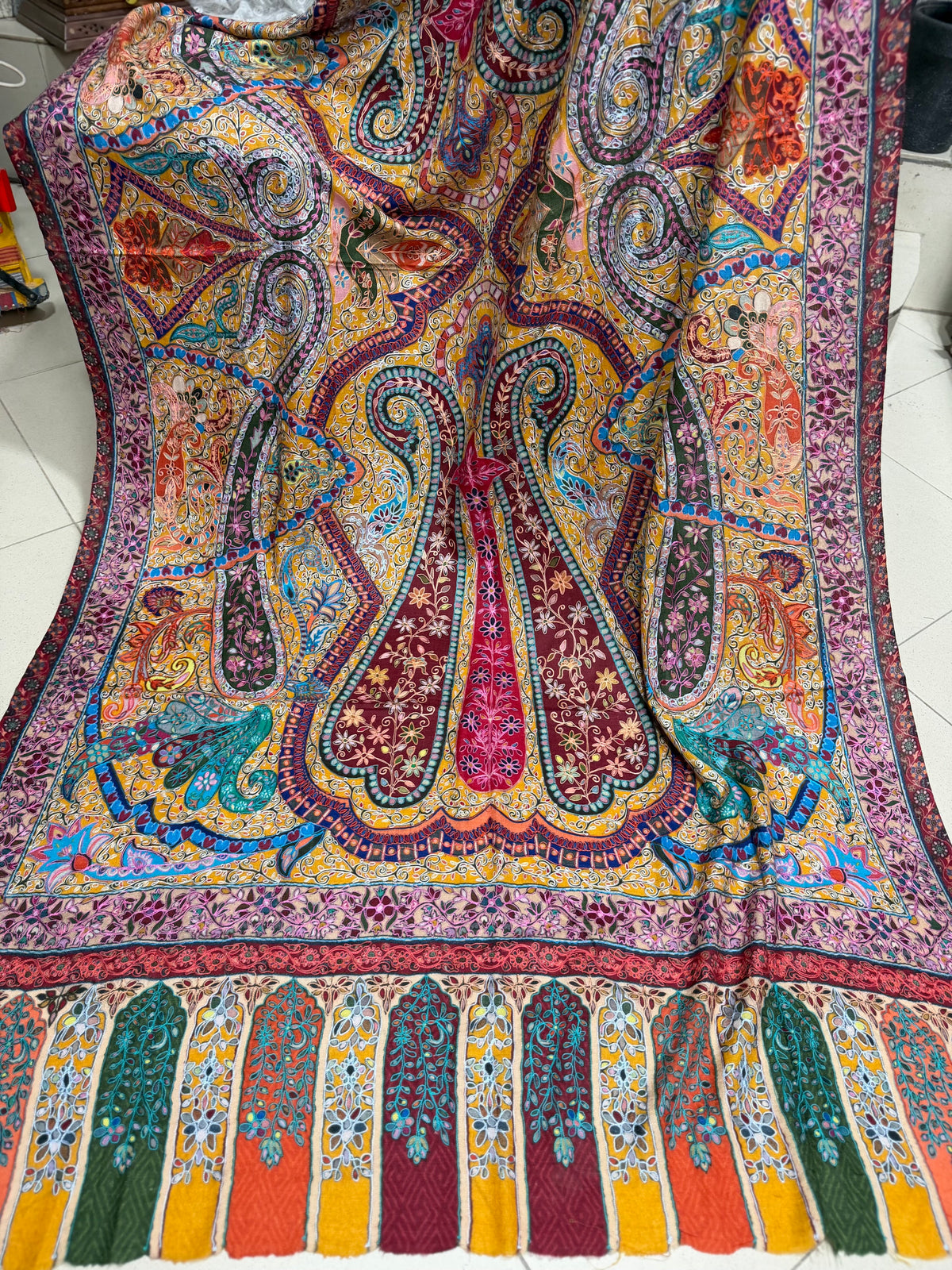 Qalamkar Shawl on Toosh Base | Made in Kashmir Multicolor Floral Design | Q109