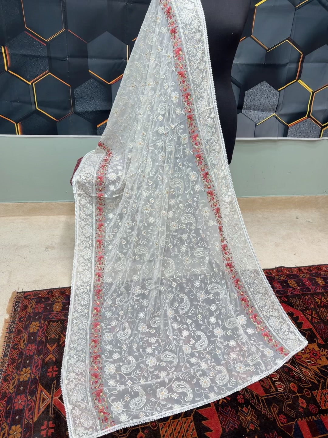 Crinkle Chiffon Shadown Embroidery Multi Color | Off White