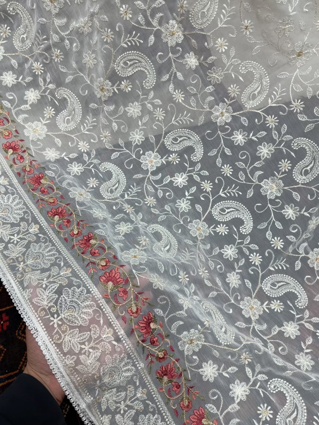 Crinkle Chiffon Shadown Embroidery Multi Color | Off White