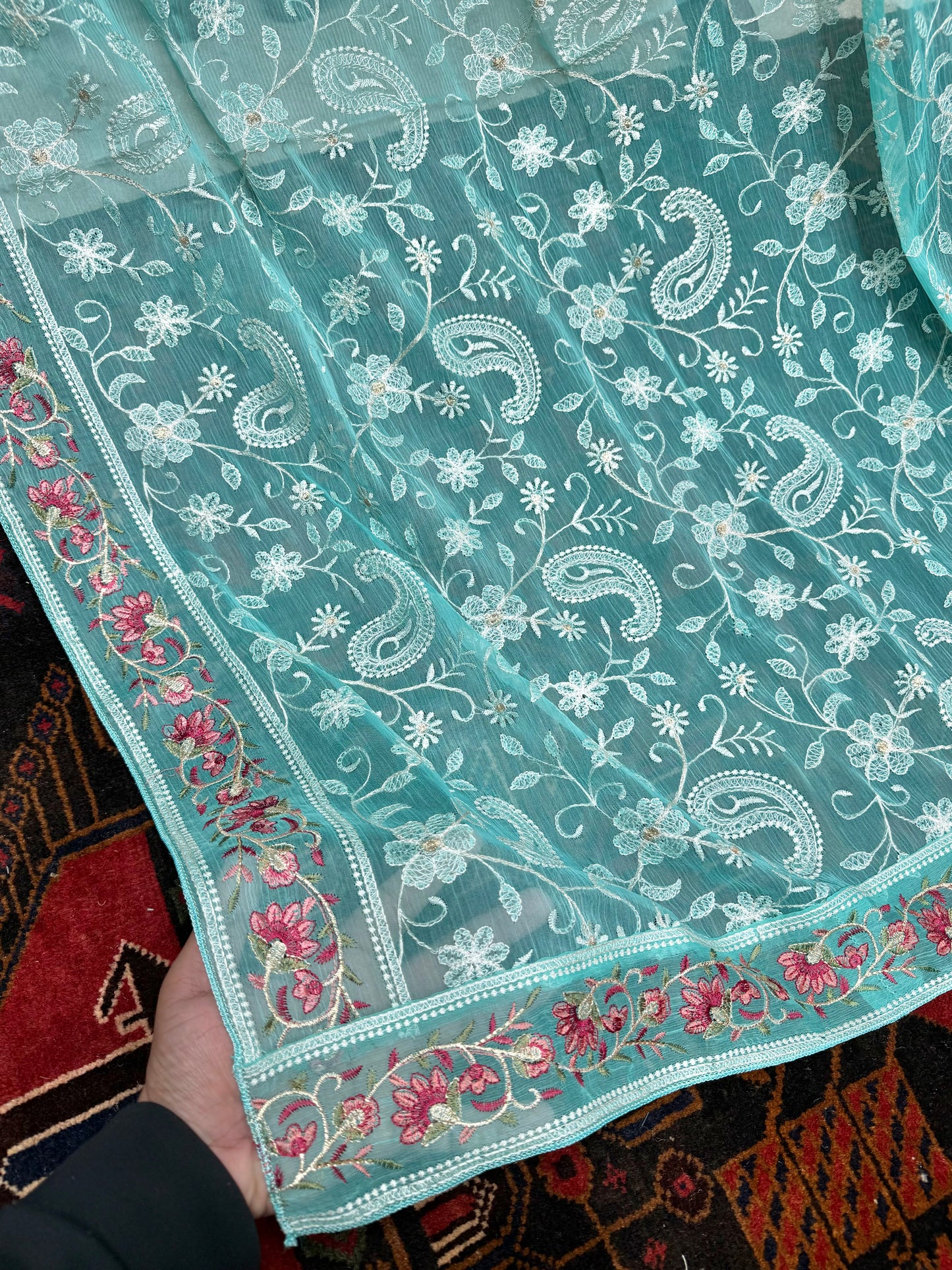 Crinkle Chiffon Shadown Embroidery Multi Color | Turquoise