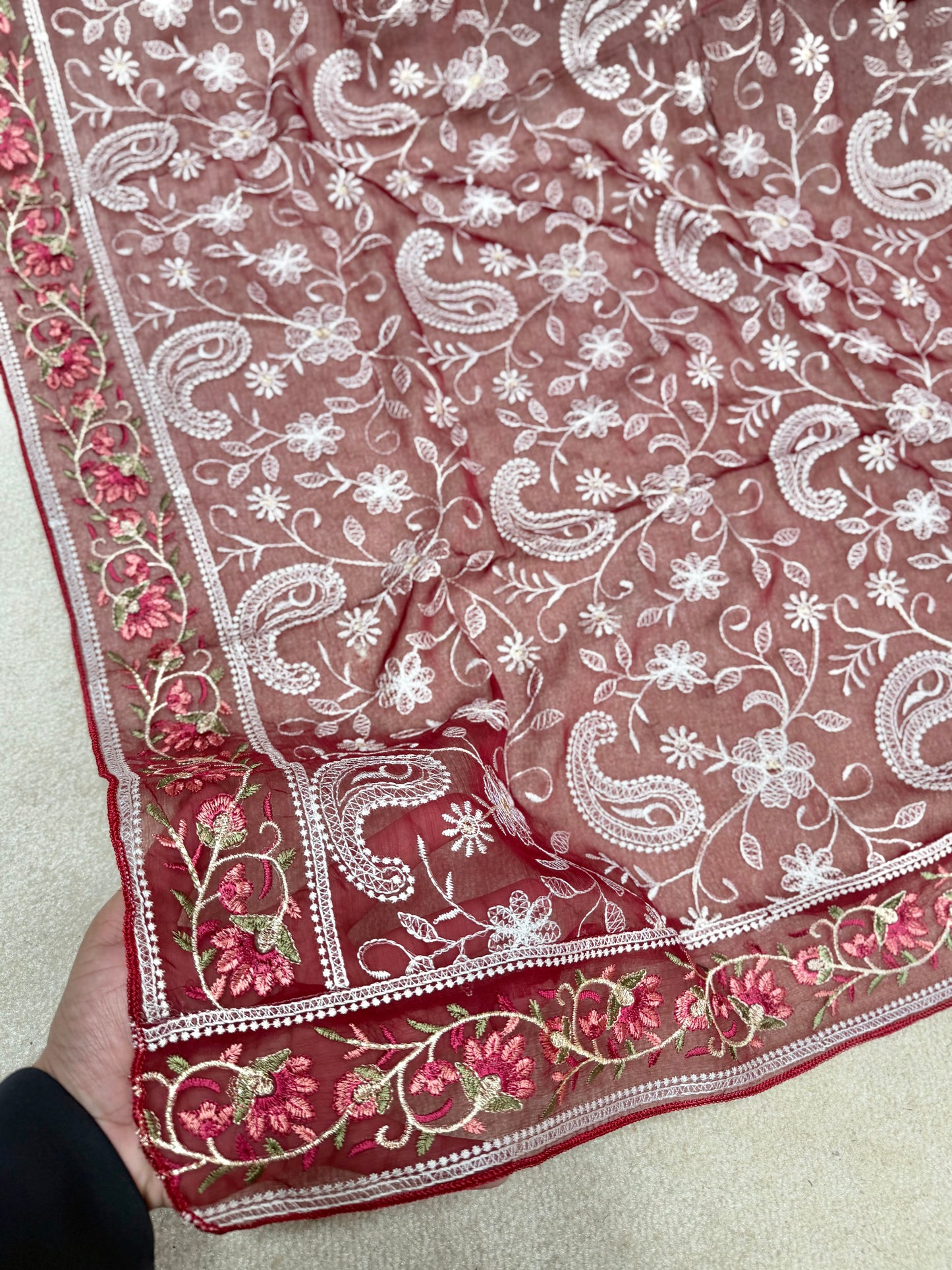 Crinkle Chiffon Shadown Embroidery Multi Color | Maroon