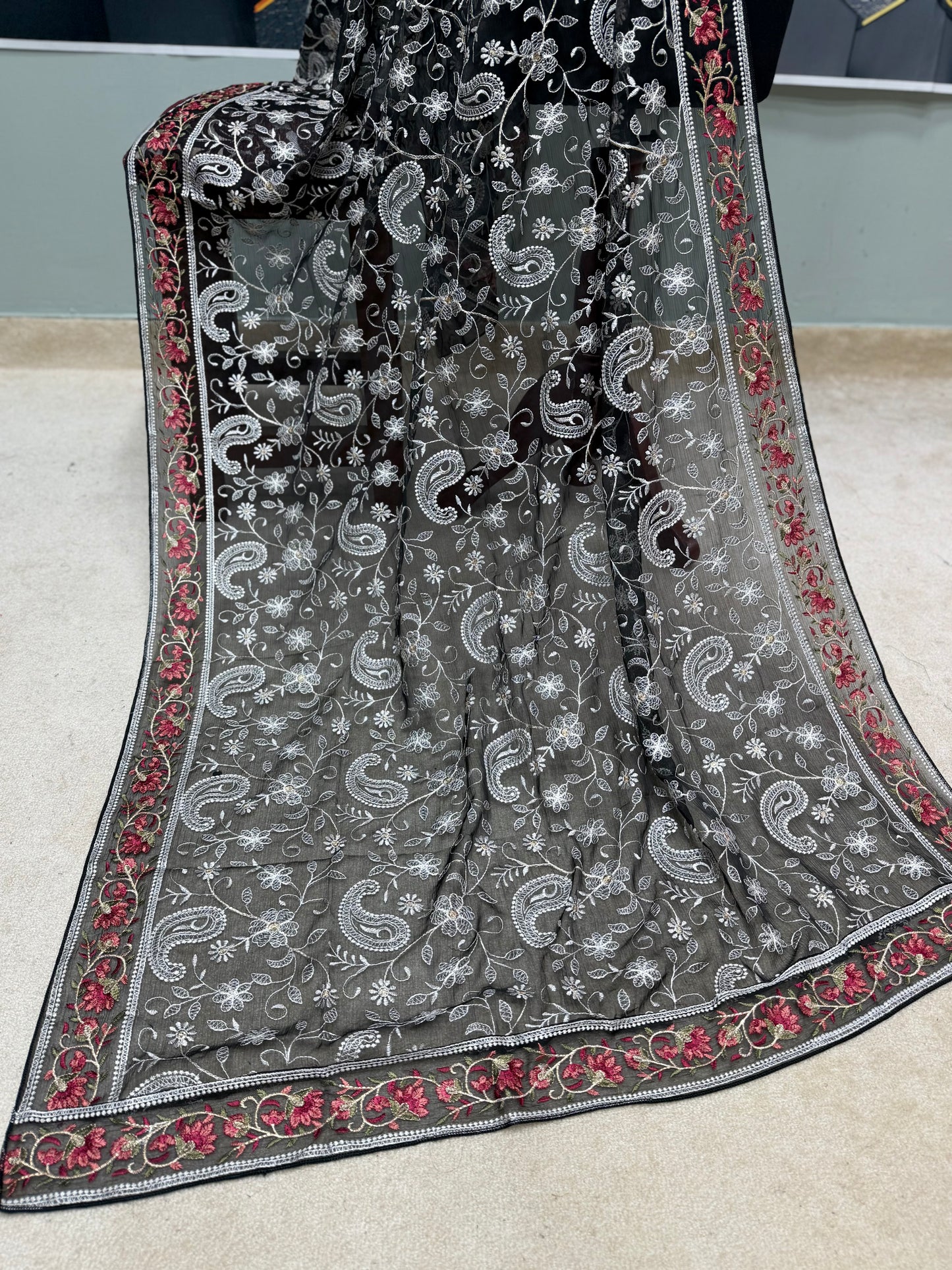 Crinkle Chiffon Shadown Embroidery Multi Color | Black