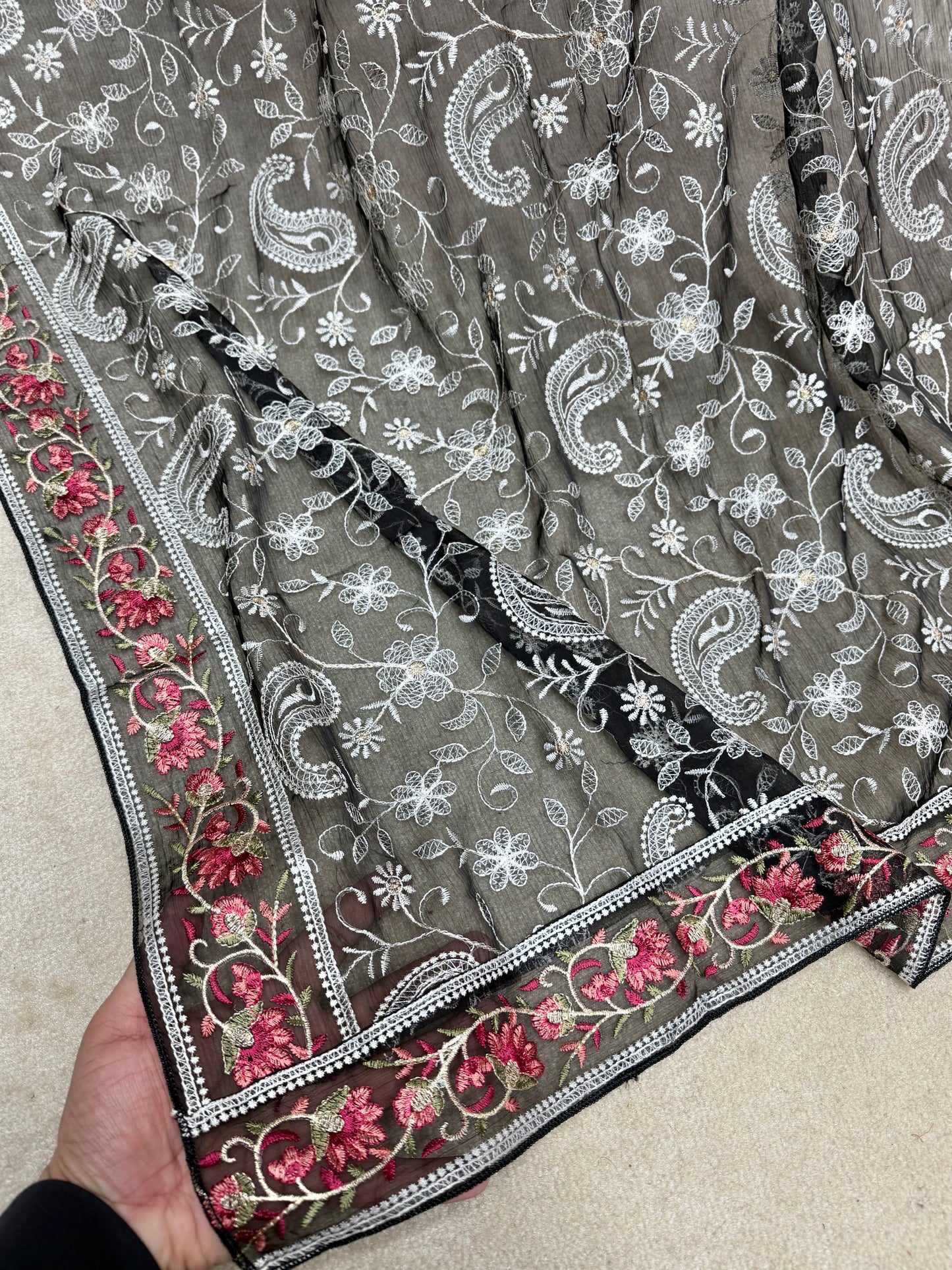 Crinkle Chiffon Shadown Embroidery Multi Color | Black