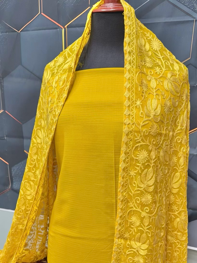 3 Piece Doria Lawn Suit With Chiffon Embroidered Dupatta | Mustard Yellow
