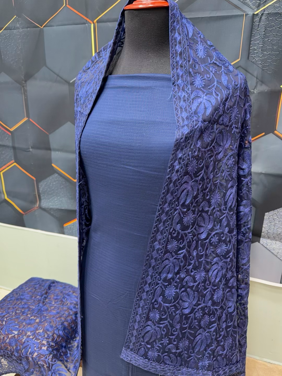 3 Piece Doria Lawn Suit With Chiffon Embroidered Dupatta | Navy Blue