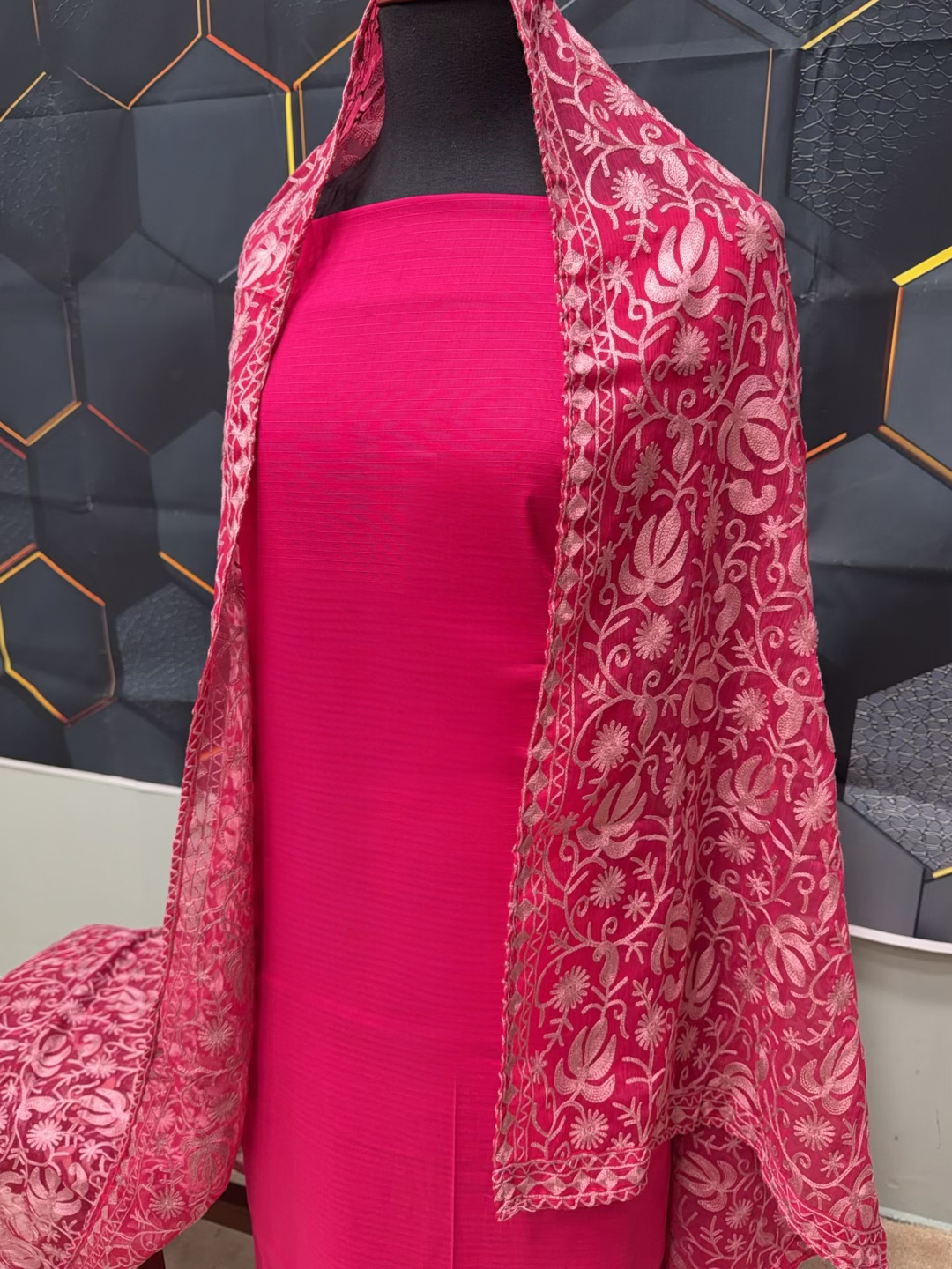 3 Piece Doria Lawn Suit With Chiffon Embroidered Dupatta | Shocking Pink