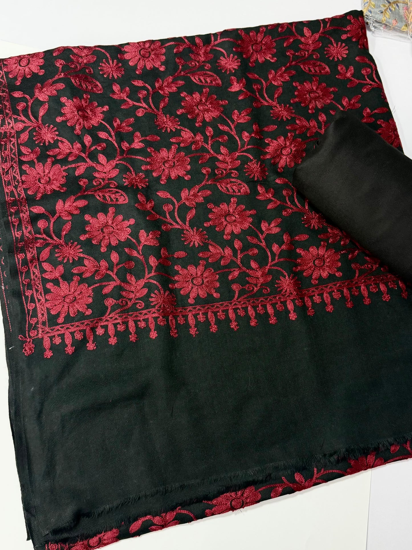 Pashmina 3 Piece Suit | Embroidered Shawl with Plain Suit Marina | Black Maroon