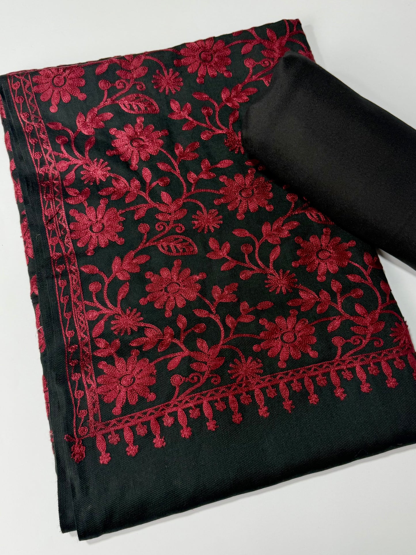 Pashmina 3 Piece Suit | Embroidered Shawl with Plain Suit Marina | Black Maroon
