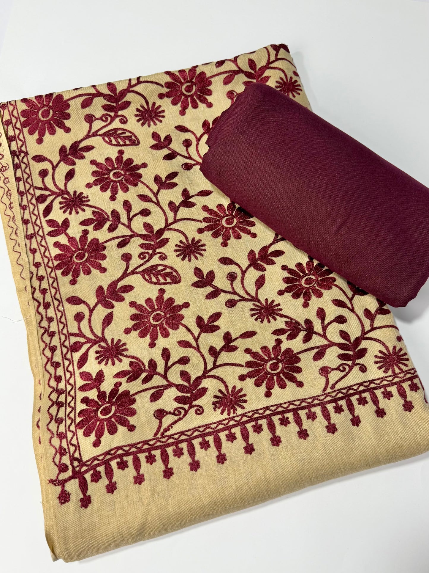 Pashmina 3 Piece Suit | Embroidered Shawl with Plain Suit Marina | Skin Maroon