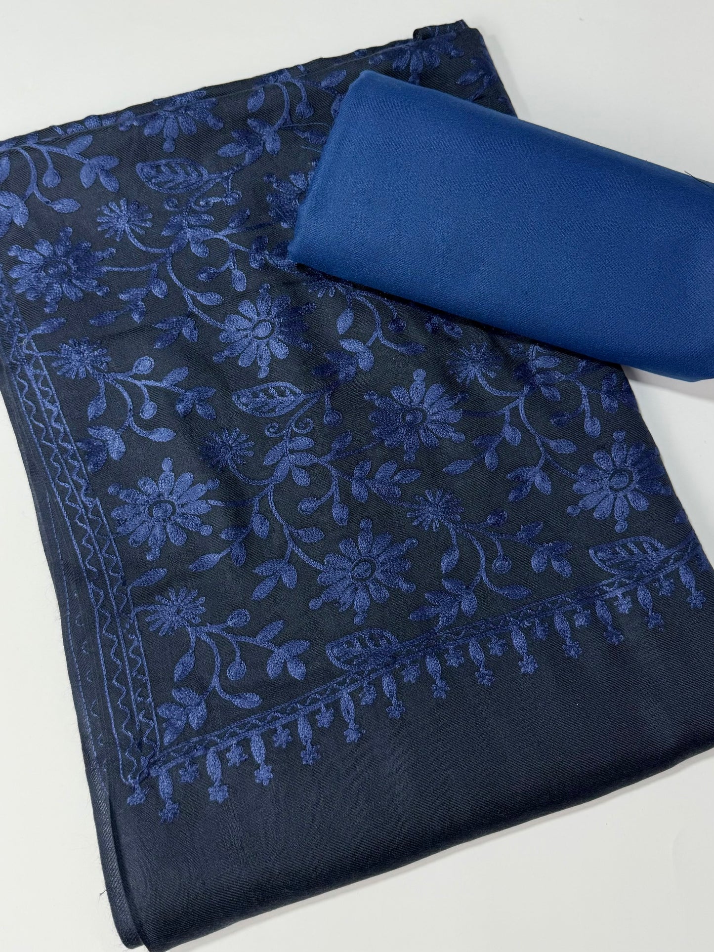 Pashmina 3 Piece Suit | Embroidered Shawl with Plain Suit Marina | Blue With Blue