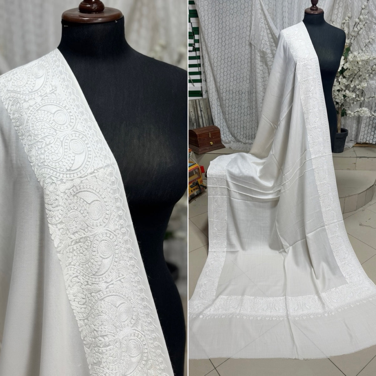 Kashmiri Shawl | 4 Side Wide Border Kashmiri Embroidery | White With White