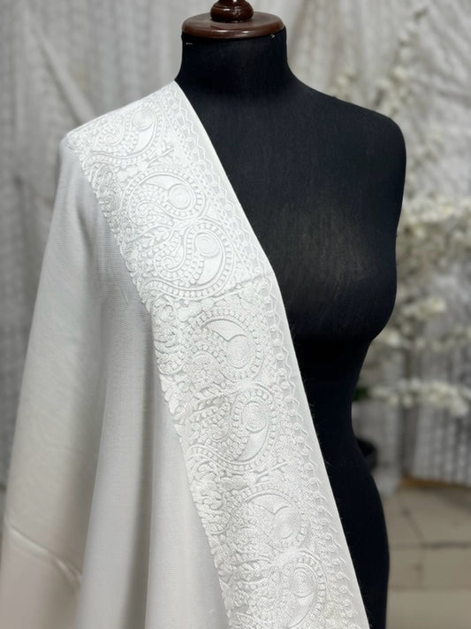 Kashmiri Shawl | 4 Side Wide Border Kashmiri Embroidery | White With White
