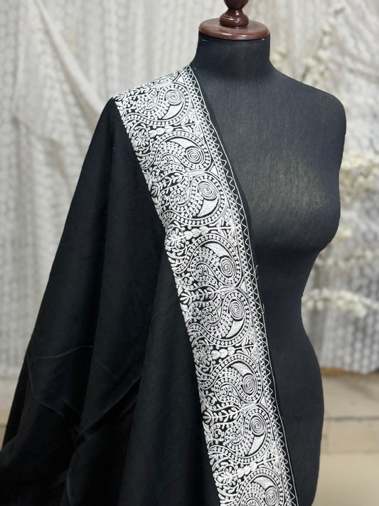 Kashmiri Shawl | 4 Side Wide Border Kashmiri Embroidery | Black With White