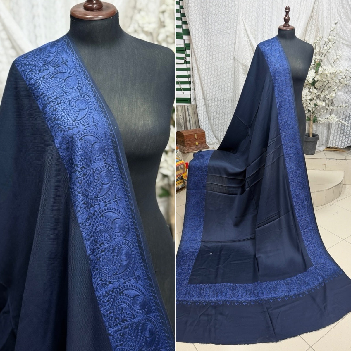 Kashmiri Shawl | 4 Side Wide Border Kashmiri Embroidery | Blue With Blue