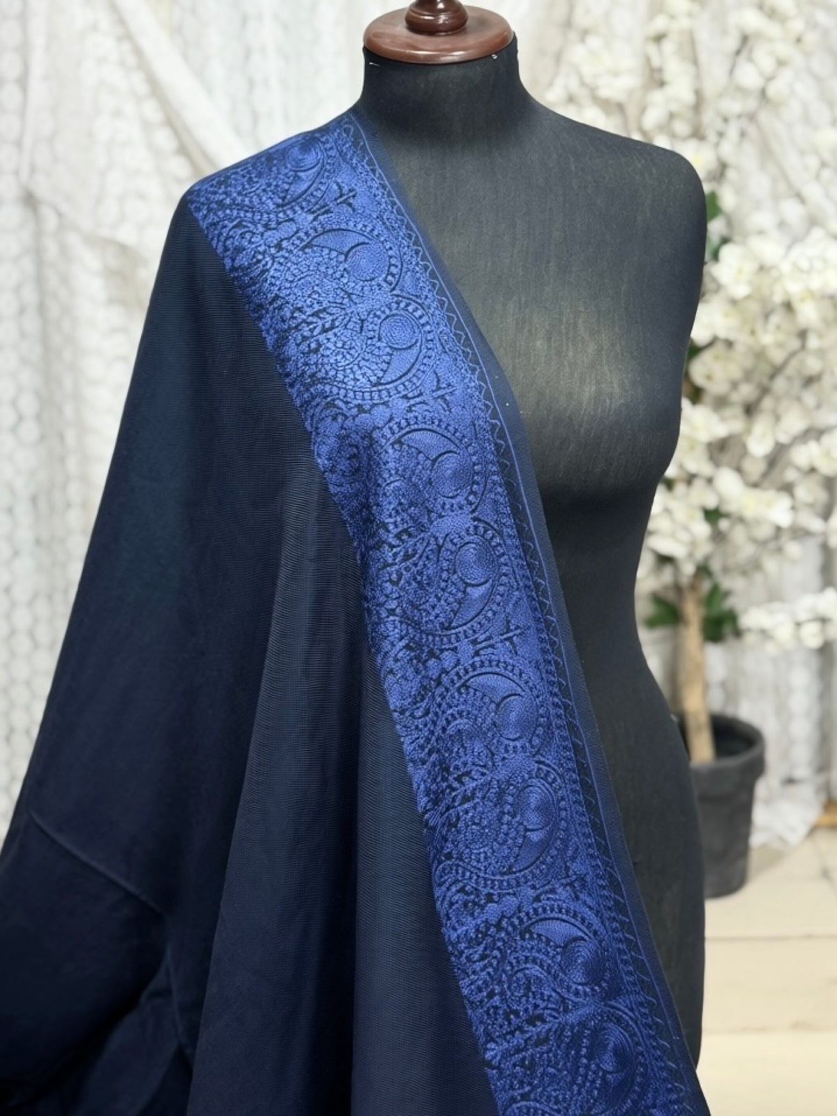 Kashmiri Shawl | 4 Side Wide Border Kashmiri Embroidery | Blue With Blue