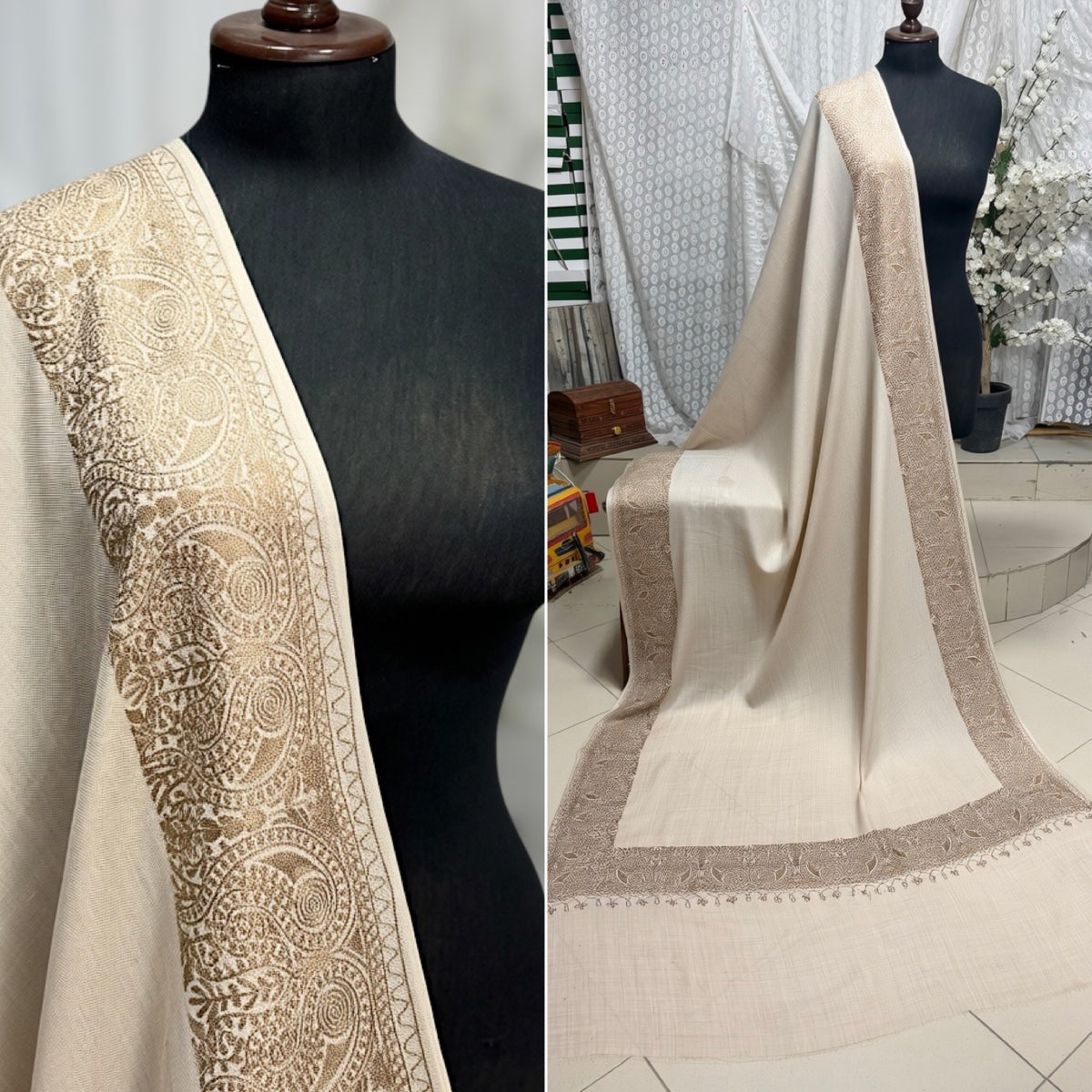 Kashmiri Shawl | 4 Side Wide Border Kashmiri Embroidery | Skin On Skin