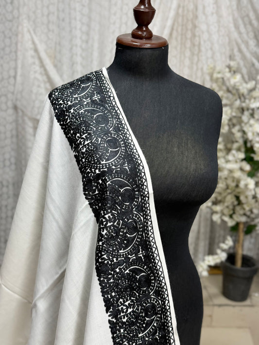 Kashmiri Shawl | 4 Side Wide Border Kashmiri Embroidery | White With Black