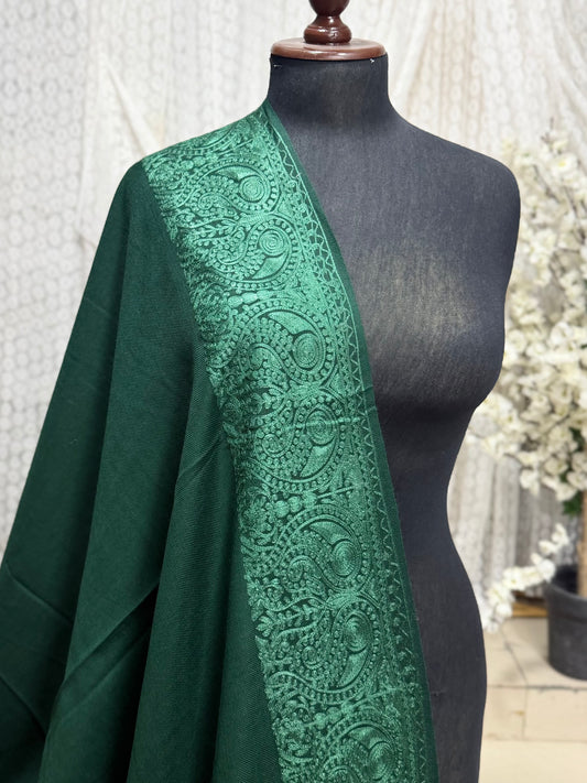 Kashmiri Shawl | 4 Side Wide Border Kashmiri Embroidery | Green With Green
