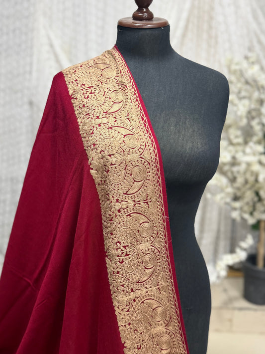 Kashmiri Shawl | 4 Side Wide Border Kashmiri Embroidery | Maroon With Skin