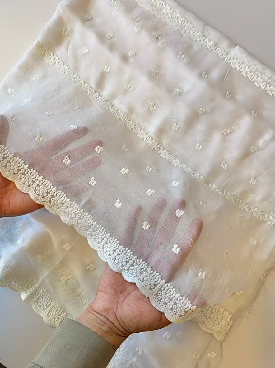 Chikankari Dyeable Crinkle Chiffon Embroidered Dupatta | White New