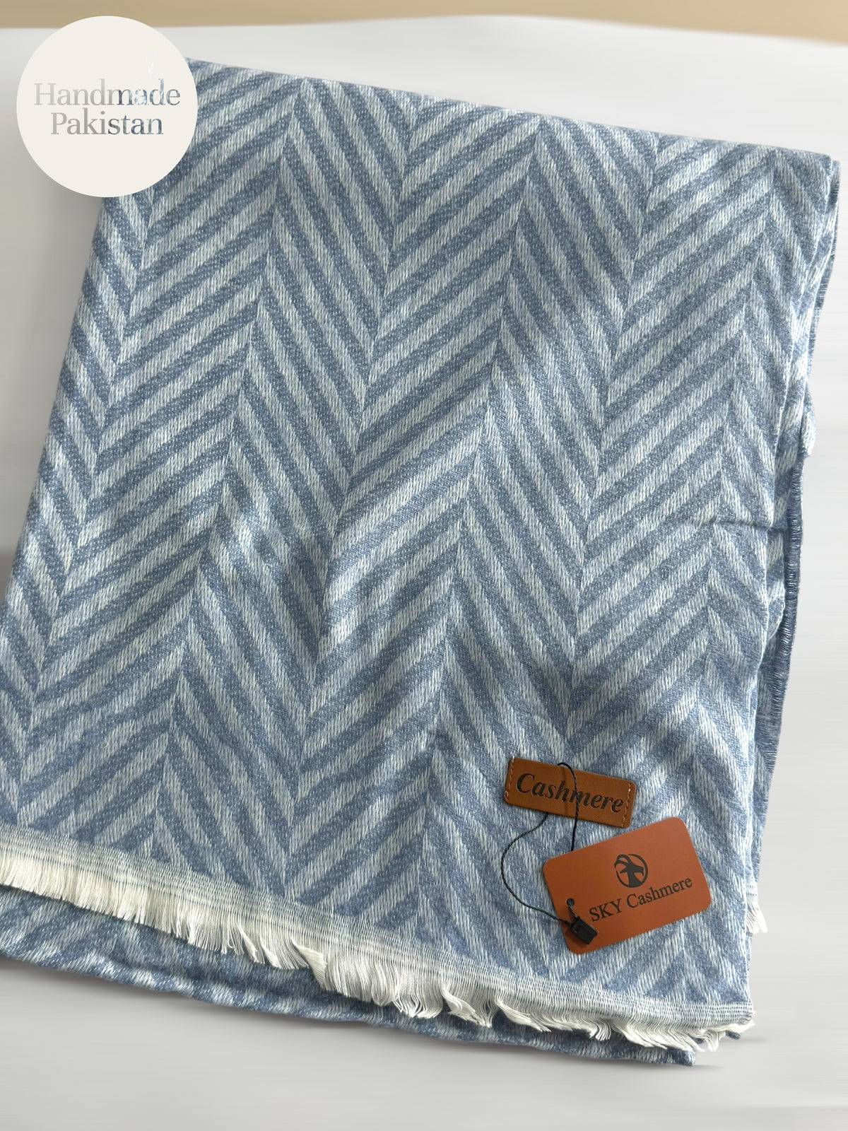 Plain ZigZag Design Sky Cashmere Stole | Light Blue