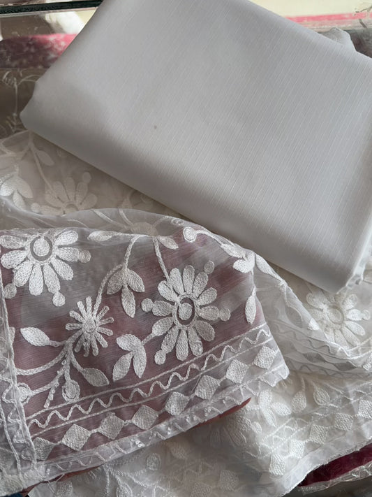 3 Piece Doria Lawn Suit With Chiffon Embroidered Dupatta | White