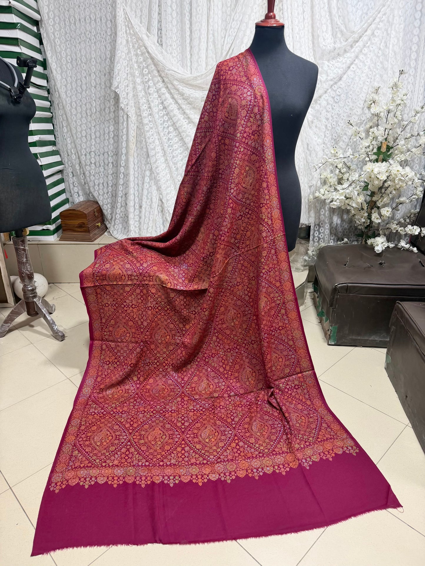 Special Pashmina Shawl | Hand Embroidery on Print Beautiful Jaal Shawl | Magenta