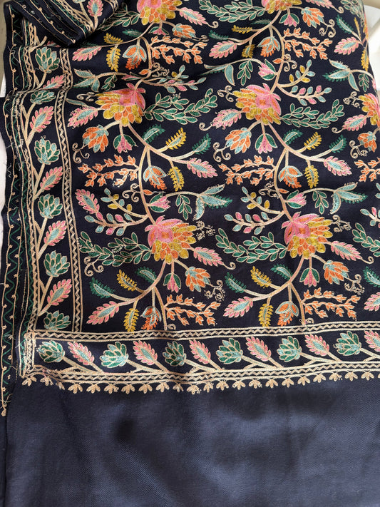 Kashmiri Jaal Shawl | Full Embroidered Shawl Resham Work Aar Embroidery | Blue