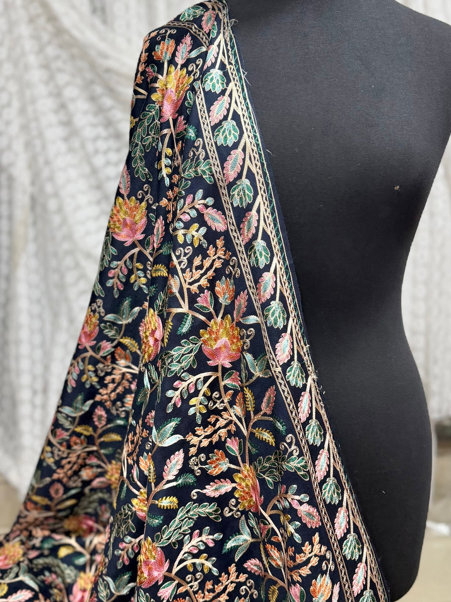 Kashmiri Jaal Shawl | Full Embroidered Shawl Resham Work Aar Embroidery | Blue