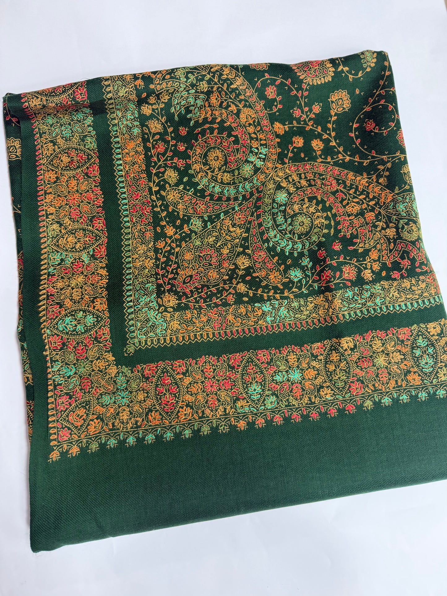 Pashmina Shawl | Hand Embroidery on Print Beautiful Shawl | Dark Green