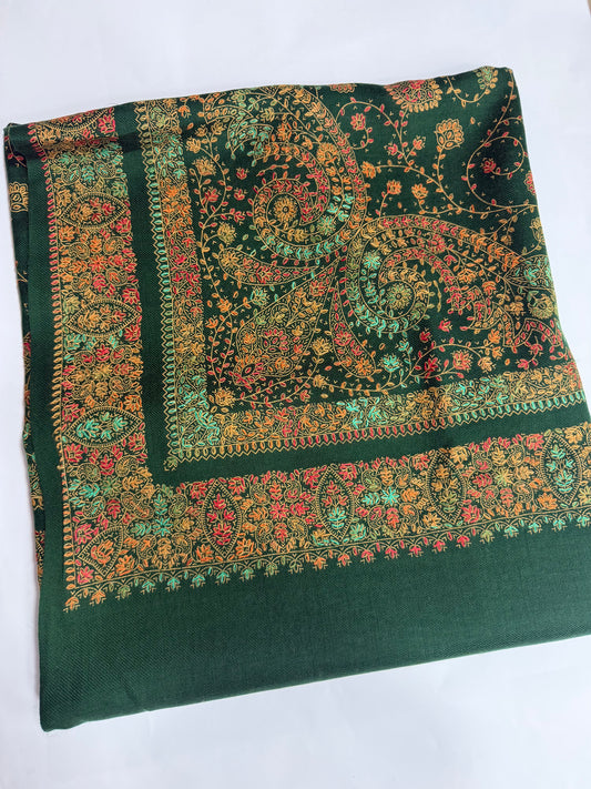 Pashmina Shawl | Hand Embroidery on Print Beautiful Shawl | Dark Green