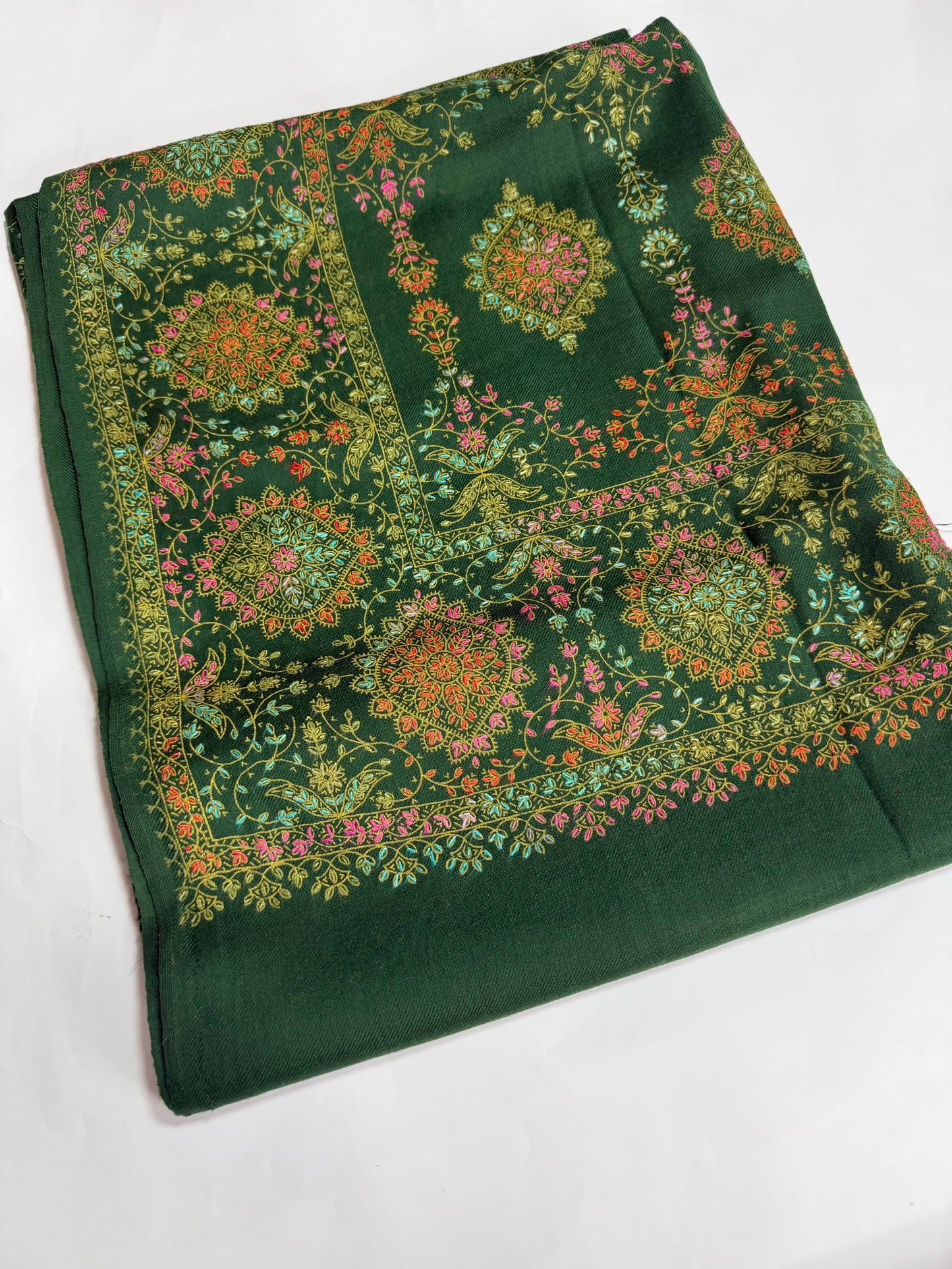 Pashmina Shawl | Hand Embroidery on Print Beautiful Shawl | Bottle Green