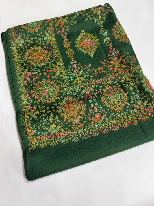 Pashmina Shawl | Hand Embroidery on Print Beautiful Shawl | Bottle Green