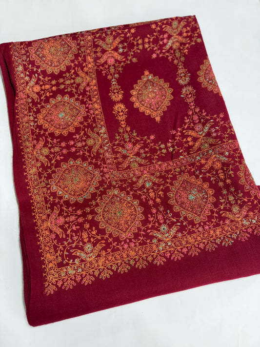 Pashmina Shawl | Hand Embroidery on Print Beautiful Shawl | Maroon