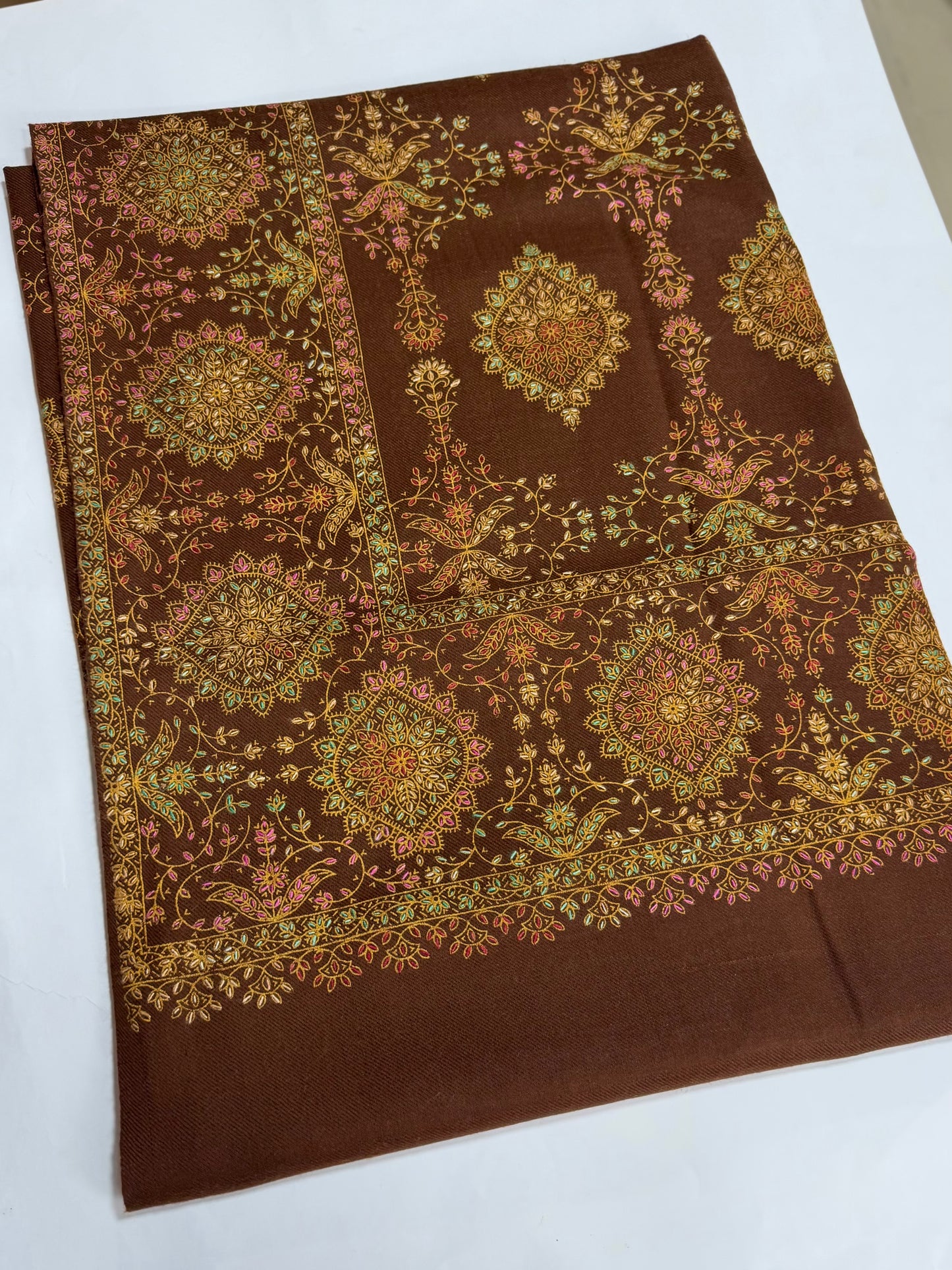 Pashmina Shawl | Hand Embroidery on Print Beautiful Shawl | Choc Brown