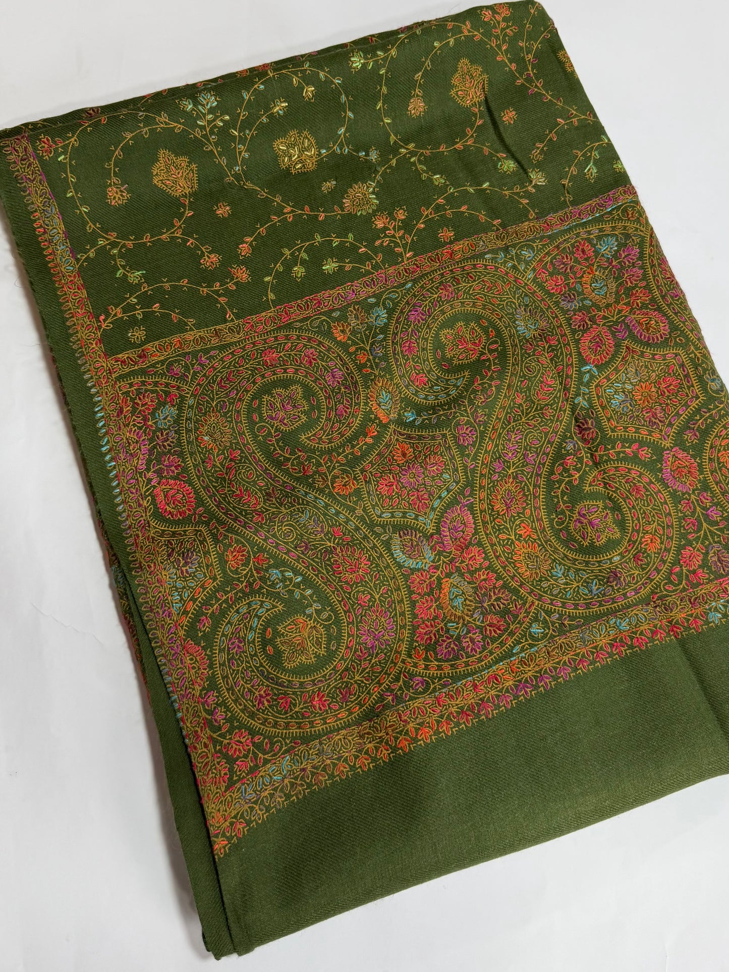 Pashmina Shawl | Hand Embroidery on Print Beautiful Shawl | Mehndi Green
