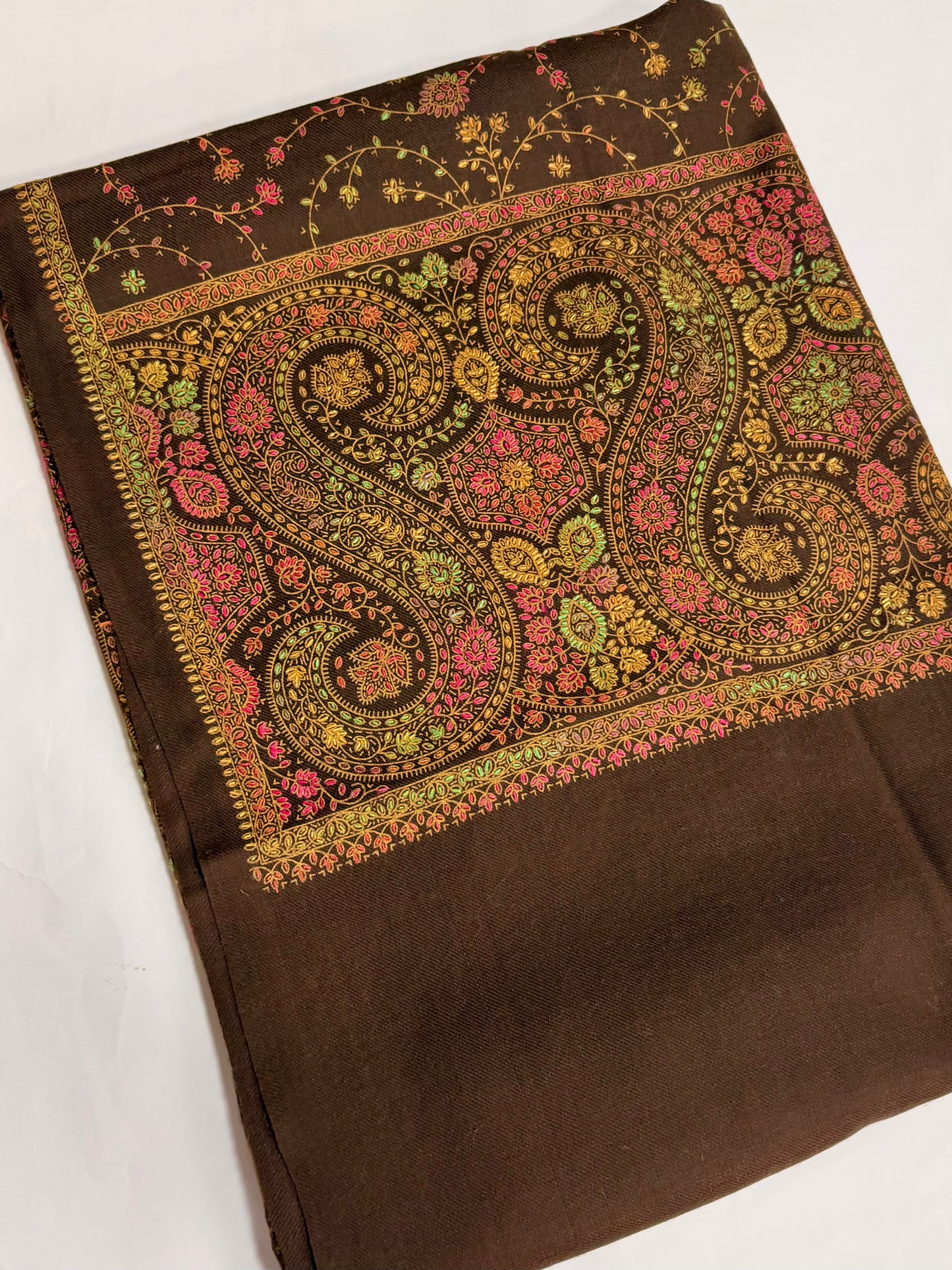 Pashmina Shawl | Hand Embroidery on Print Beautiful Shawl | Choc Brown