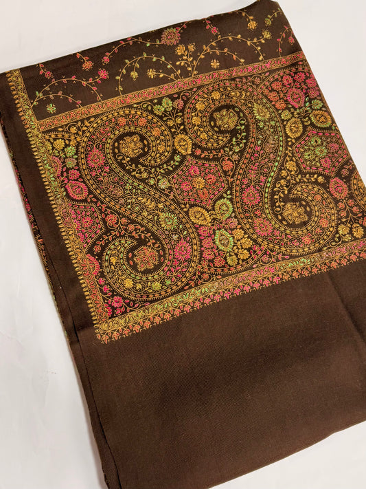 Pashmina Shawl | Hand Embroidery on Print Beautiful Shawl | Choc Brown