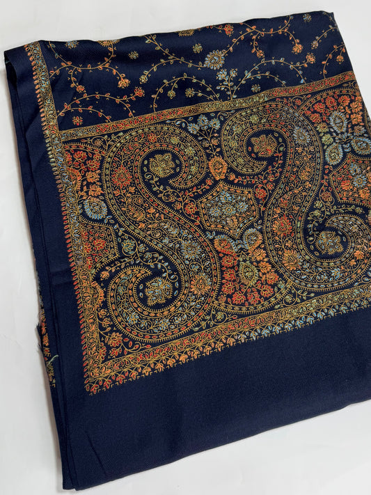 Pashmina Shawl | Hand Embroidery on Print Beautiful Shawl | Navy Blue