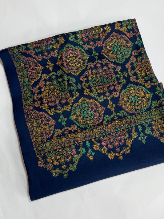 Pashmina Shawl | Hand Embroidery on Print Beautiful Shawl | Navy Blue