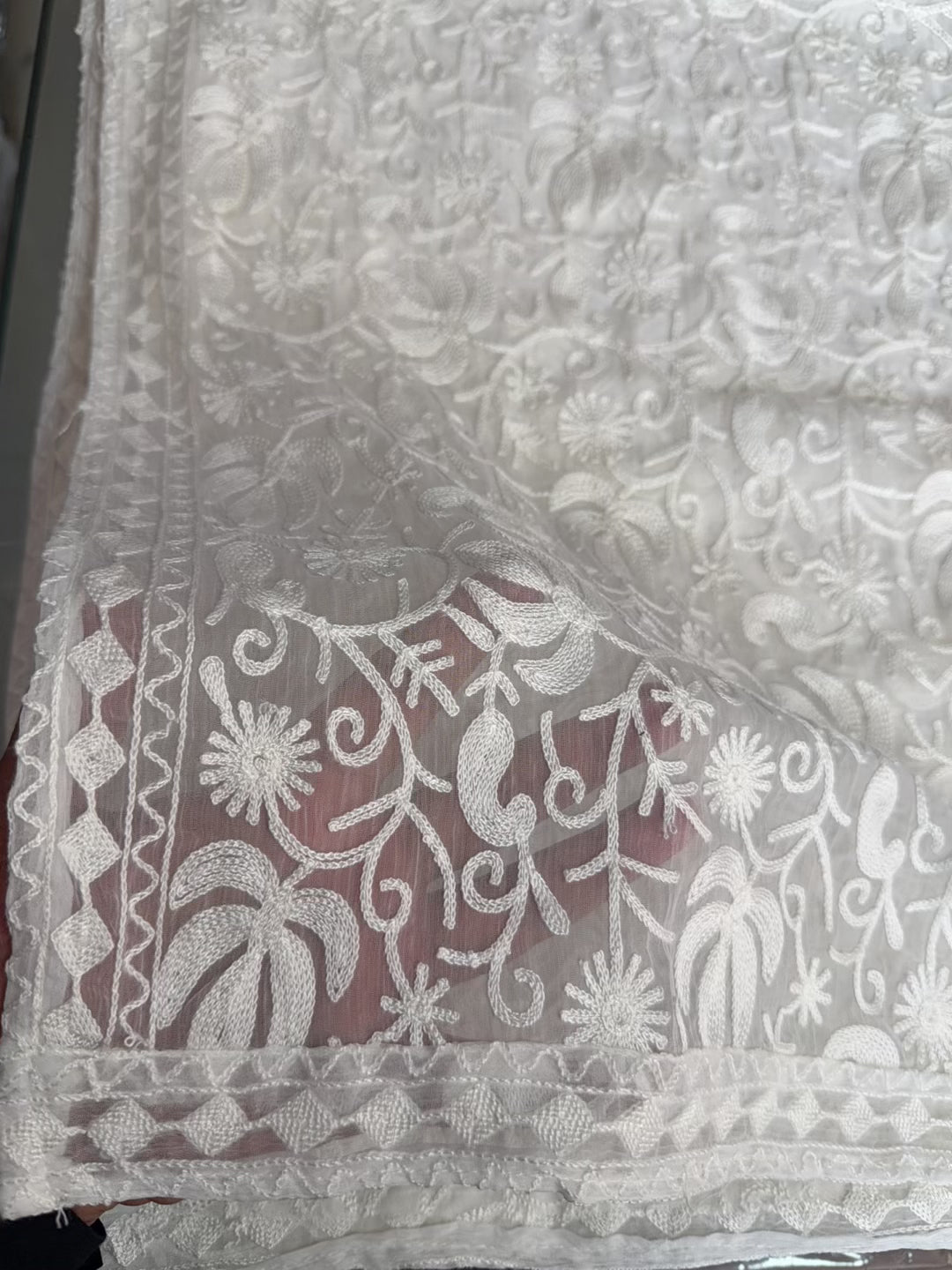Crinkle Chiffon Kashmiri Jaal Embroidered Dupatta | White