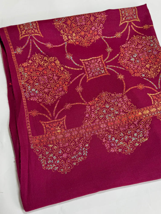 Pashmina Shawl Jaal | Hand Embroidery and Print Beautiful Shawl in Sale | Magenta