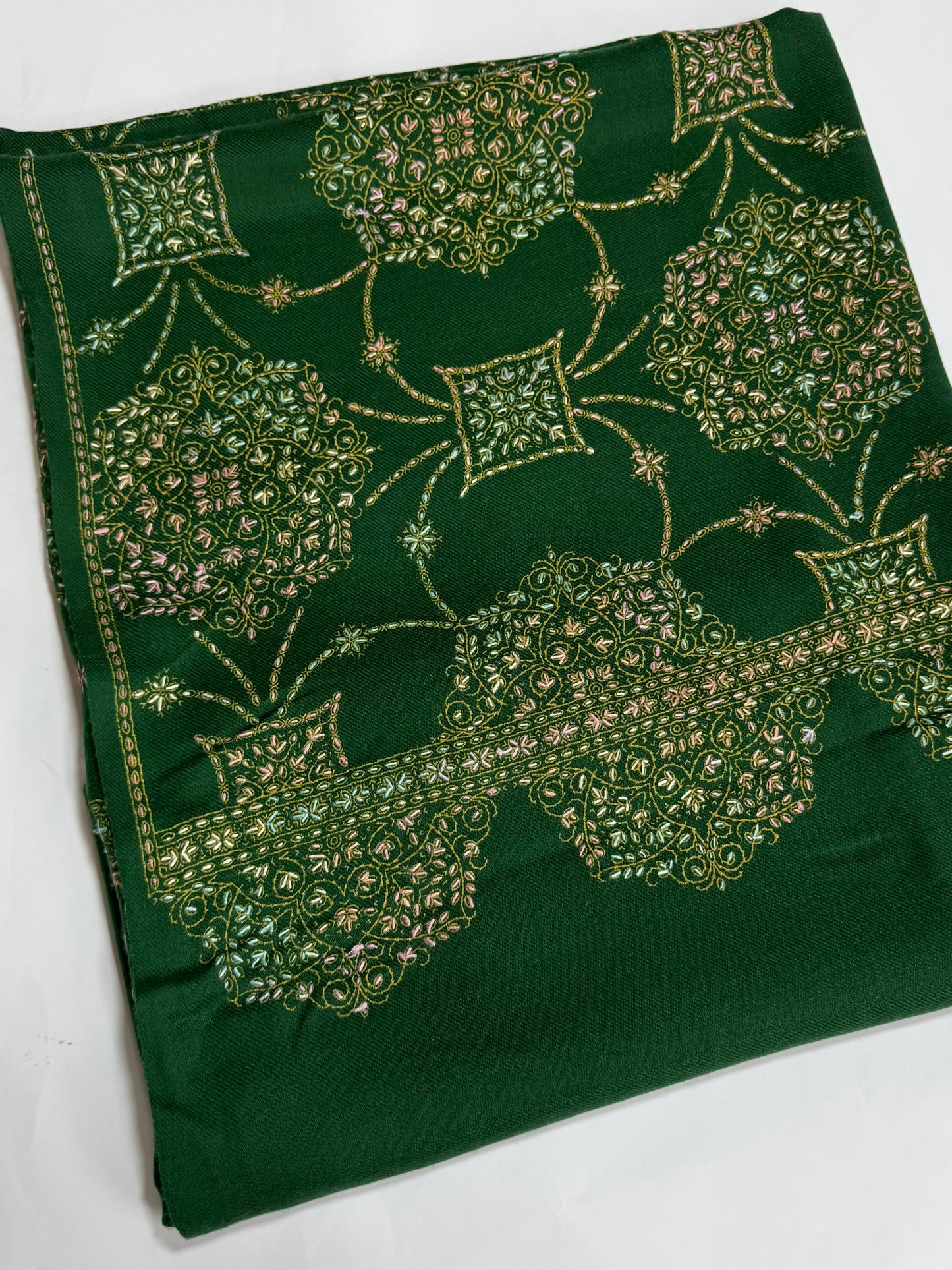 Pashmina Shawl Jaal | Hand Embroidery and Print Beautiful Shawl in Sale | Dark Green